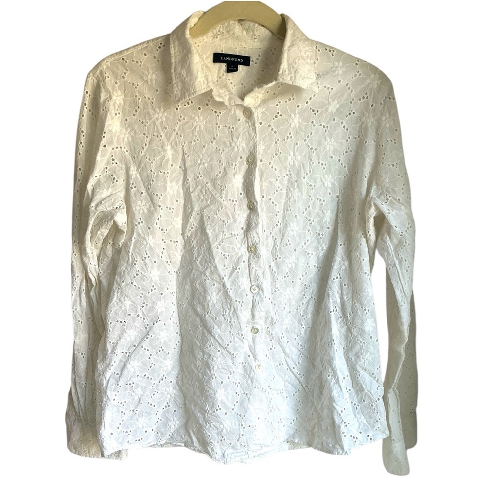 Lands End Womens White Floral Eyelet Cotton Button Down Shirt Long Sleeve Sz 12